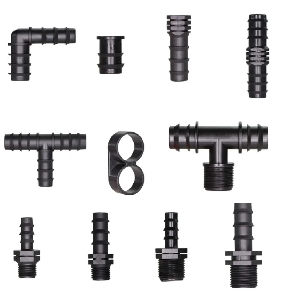 Conectores de agua de tubo de 16, 20 y 25MM, adaptador de acoplamiento igual, tapón de extremo en T, accesorios de púas para riego por goteo, 1/2 3/4''