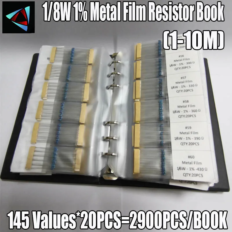 Juego de resistencias de película metálica, Kit surtido de libros, 2900 valores, 1/8W, 145 W, 0.125, 1-10M, 1% unidades por lote