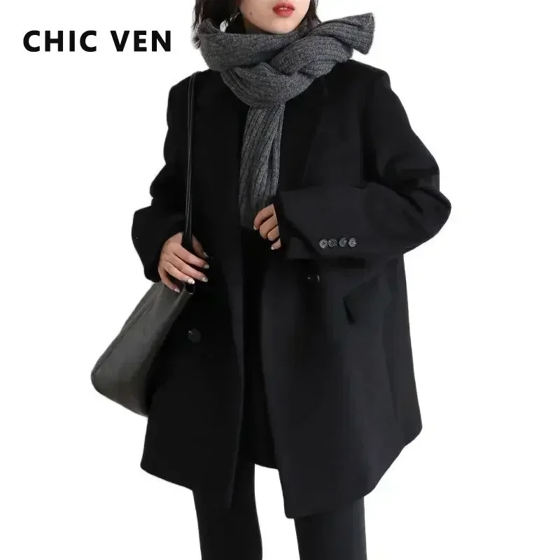CHIC VEN-abrigo de mezcla de lana para mujer, Blazer de lana medio largo liso, blusa gruesa y cálida, abrigo para mujer, Tops de oficina para mujer, Otoño Invierno