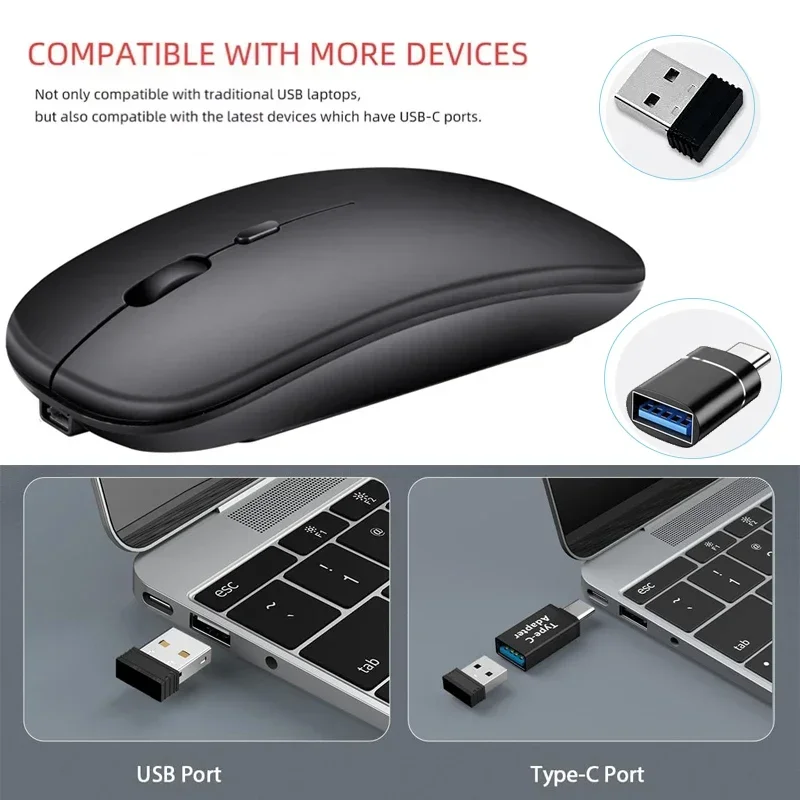 Ratón inalámbrico delgado compatible con Bluetooth 2,4G, ratón inalámbrico portátil recargable/batería para iPad, portátil y de escritorio