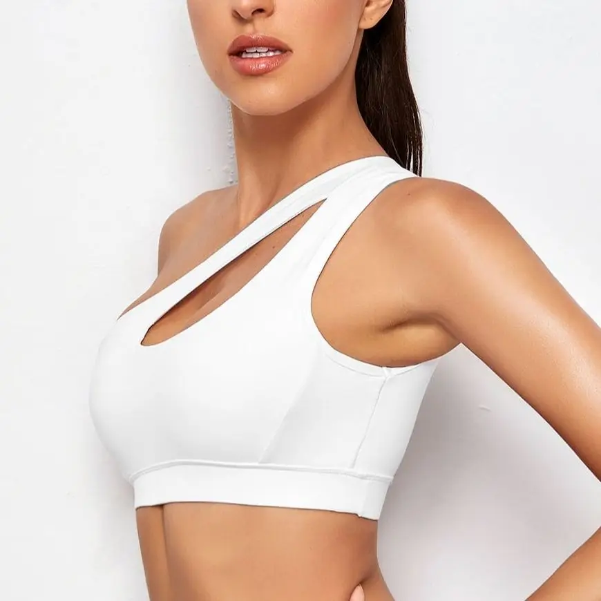 Sujetador deportivo para mujer, sujetadores de realce para Fitness, sujetador de Yoga a prueba de golpes con un hombro, sujetador para correr y Yoga blanco y negro, chaleco Sexy