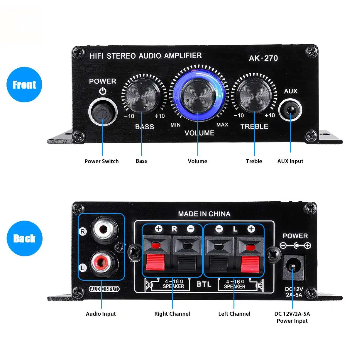 AK270 Mini Amplificador de Audio de 12V para Auto, Amplificador de Sonido Digital para Casa y Auto, Canal 2.0, Amplificador de Potencia, Compatible con Agudos y Bajos, Entrada AUX