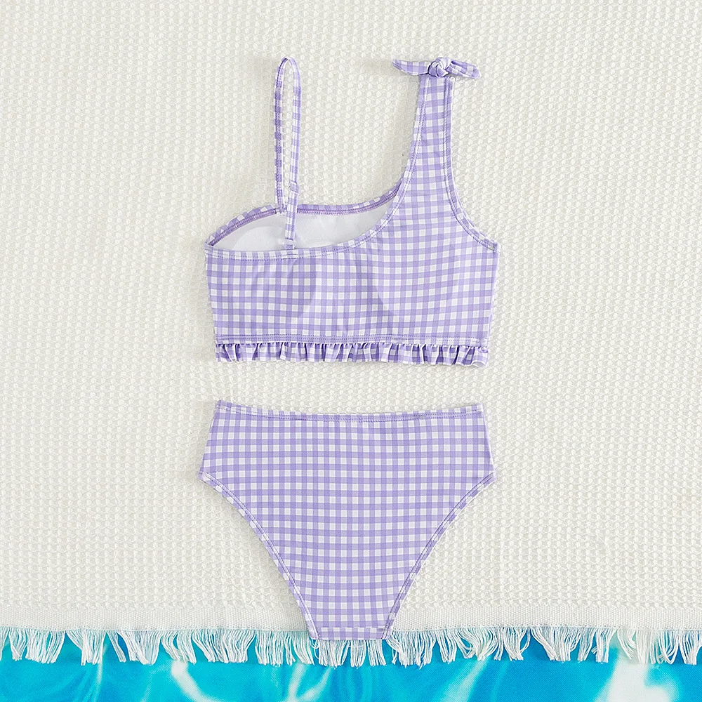 Nuevo traje de baño dividido de verano para niñas, conjuntos de Bikini de 5 a 14 años, traje de baño de cintura alta a cuadros morados para niñas, traje de baño