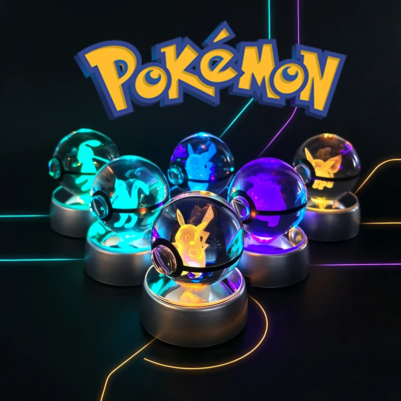 Bola de Cristal Pokémon 3D de 5CM, Mewtwo, Pikachu, Gengar, Bola de Cristal Pokémon, Figura Pokeball, Lámpara LED con Base de Luz Nocturna, Regalo