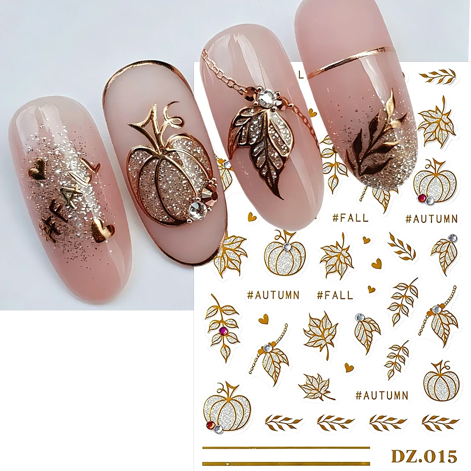 2 Piezas de Adhesivos Dorados para Uñas con Diseño de Hojas de Arce y Calabaza, Decoración Brillante para Uñas, Mini Hojas de Corazón para Otoño, Accesorios de Manicura