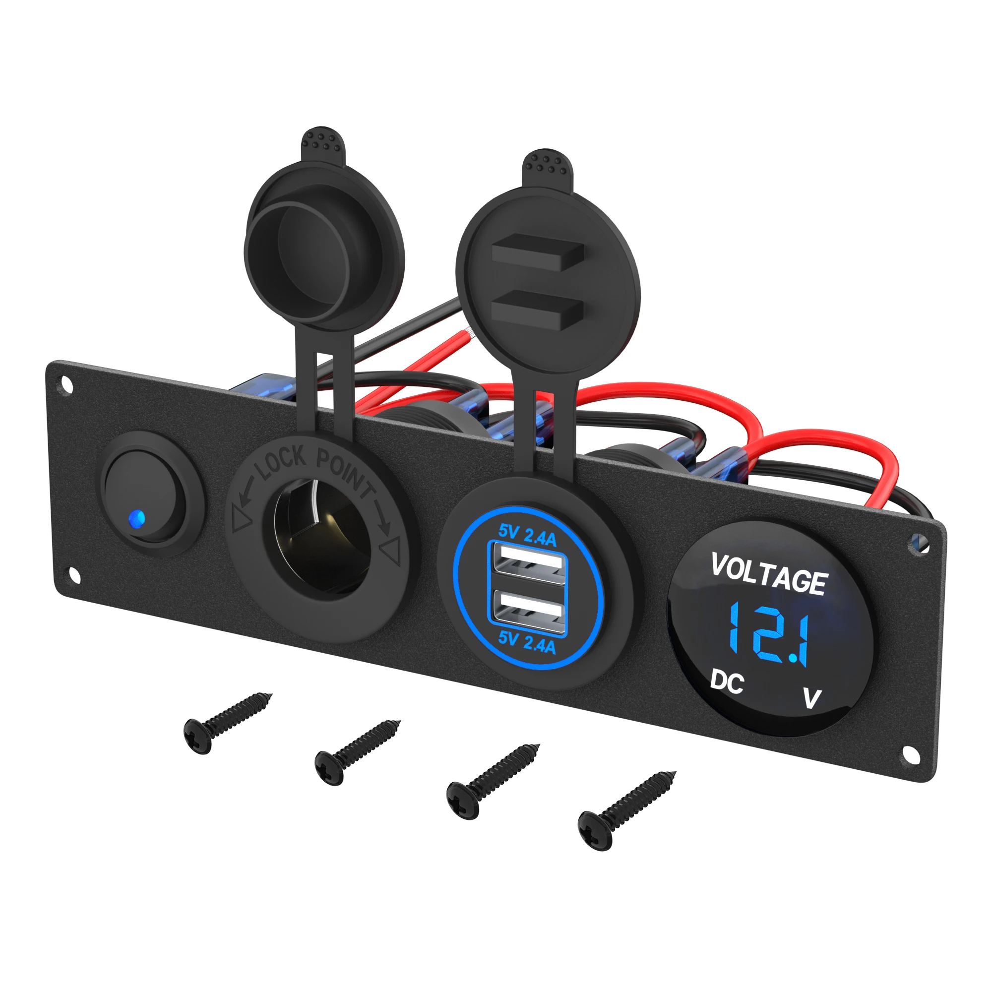 DaierTek Panel de enchufe de cargador de encendido/apagado 4 en 1, toma de corriente USB Dual, voltímetro LED, enchufe de encendedor de cigarrillos y interruptor LED
