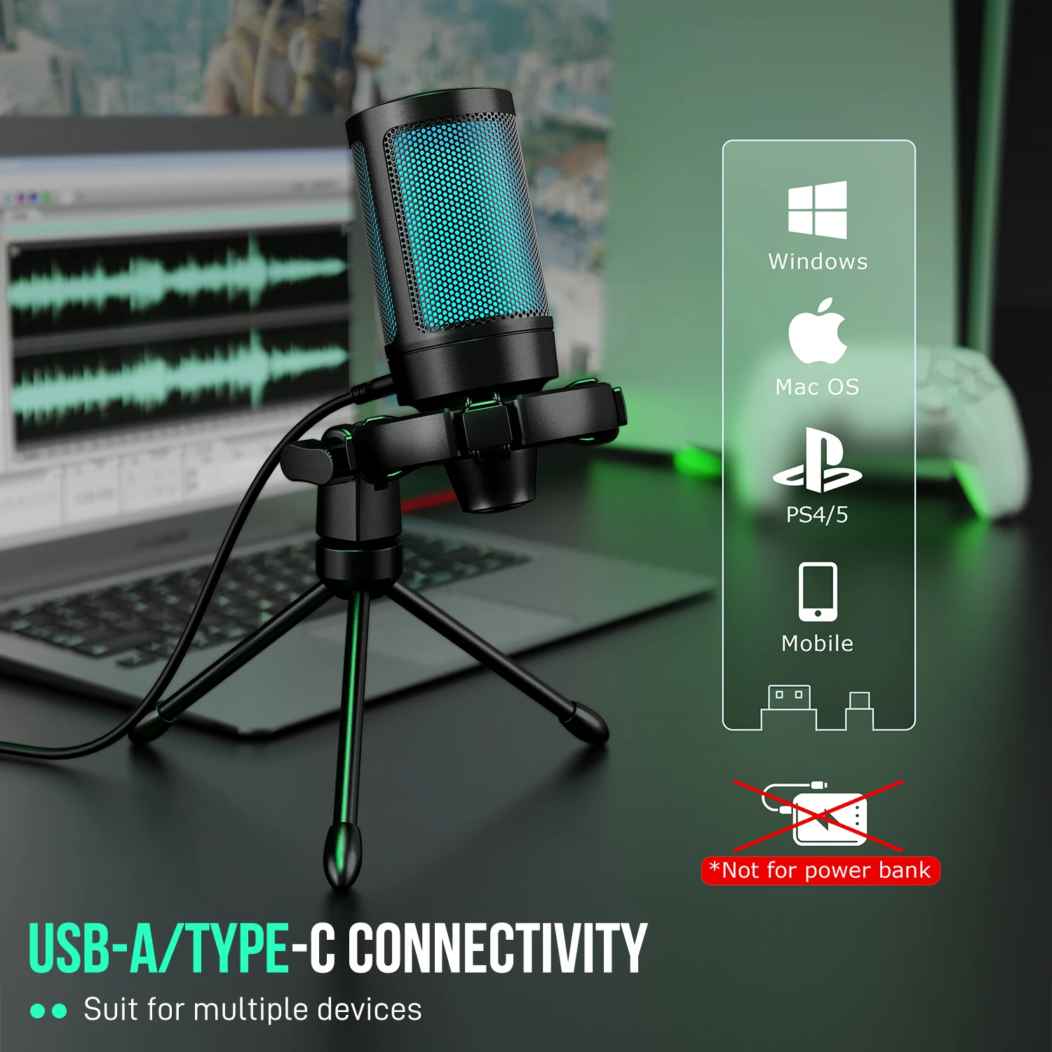 AmpliGame by FIFINE RGB micrófono para juegos USB con sonido táctil, micrófono condensador con trípode para PC, PS4/5, portátil Streaming-A2