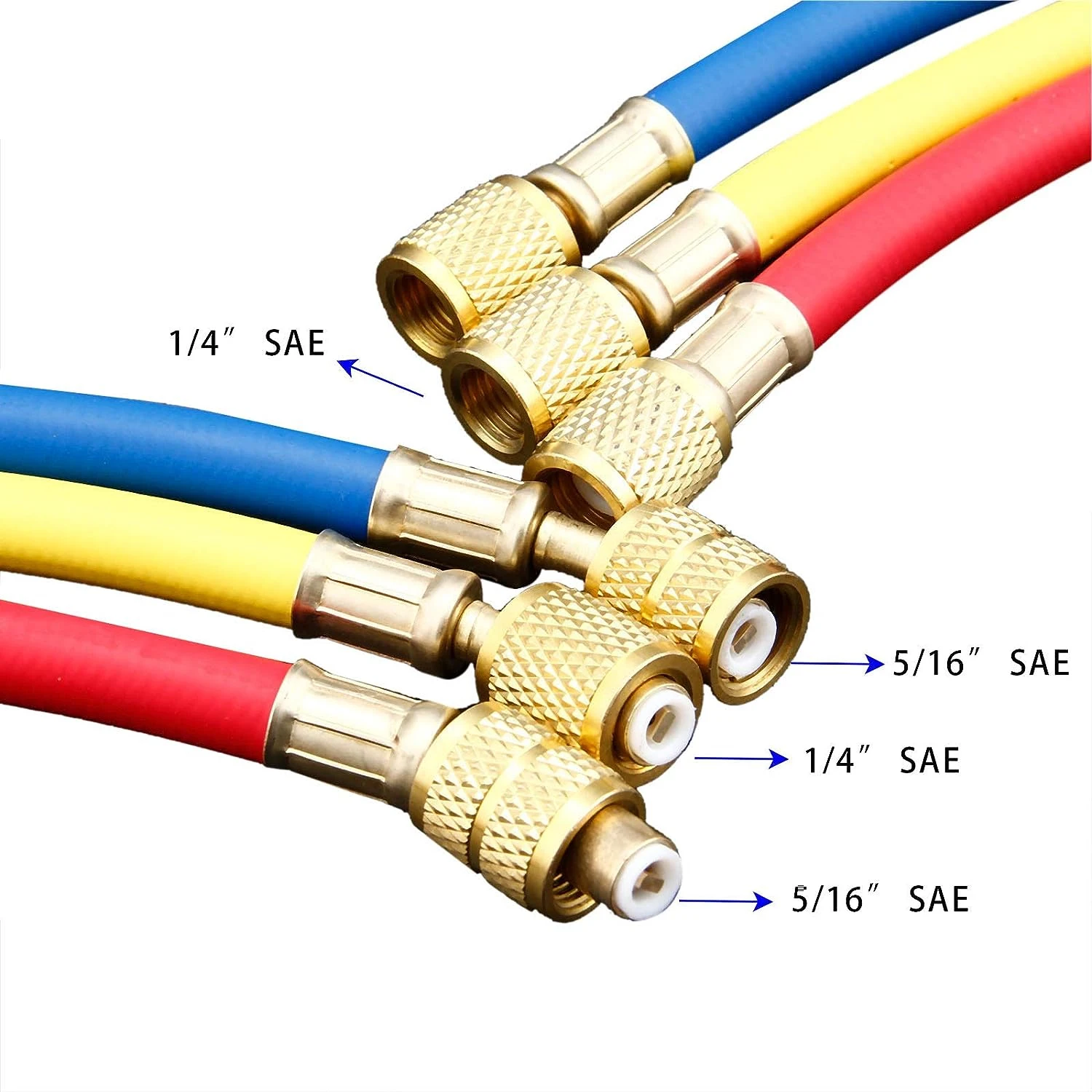 Juego de mangueras de carga de CA para refrigerante R410a, 3 colores, rosca SAE-5/16 de 1/4 ", presión de trabajo de 800-4000 PSI, compatible con R134a HVAC