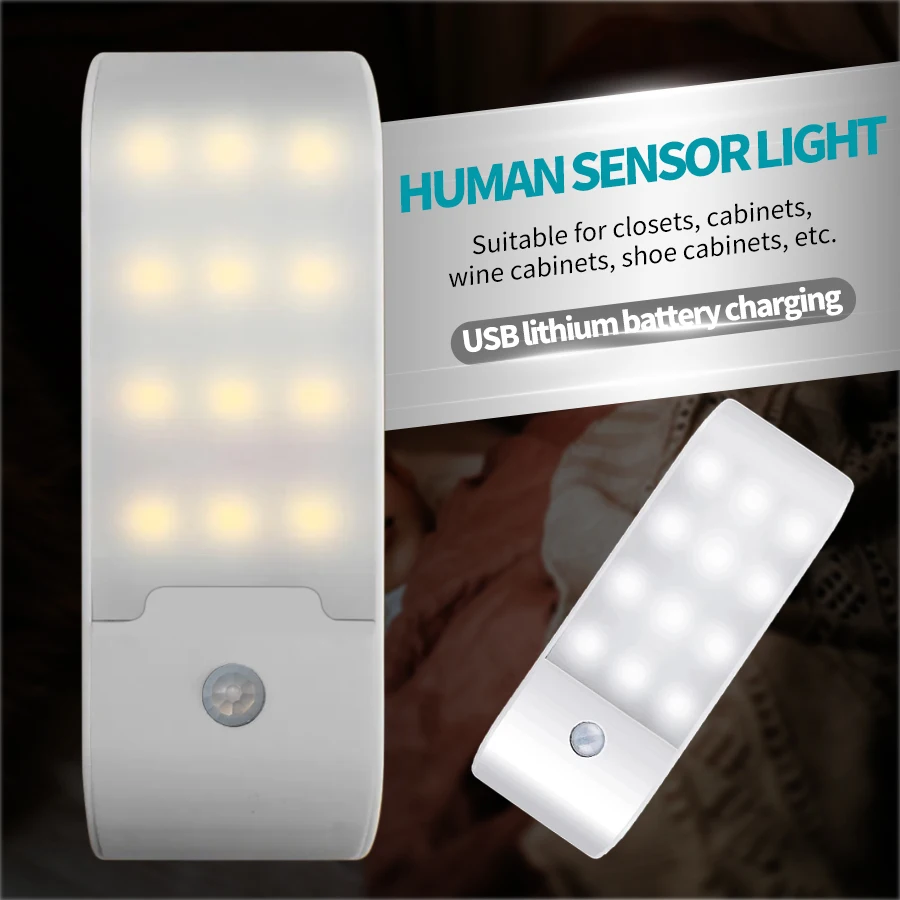 Luz nocturna de 12LED con Sensor de movimiento, lámpara LED recargable por USB para pasillo, baño, armario, cocina, debajo del gabinete, alto brillo