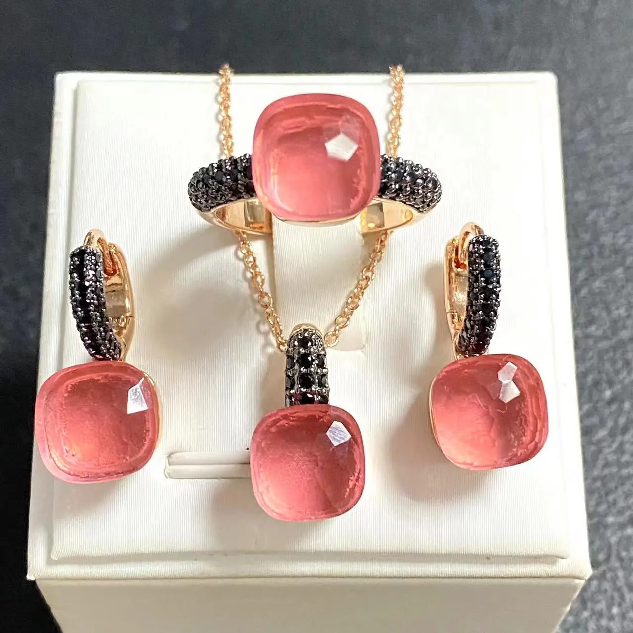 3 unids/set de pendientes de anillo para mujer, conjunto de joyería con incrustaciones de pistola de circón negro, conjunto de joyería de cristal chapado en negro, regalo de joyería