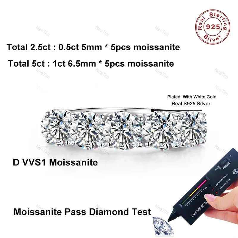Anillo de Moissanita Completa NeeTim de 5mm y 6.5mm para Mujer, Plata de Ley S925, Anillo de Compromiso Eterno, Banda Brillante, Anillos de Boda, Joyería