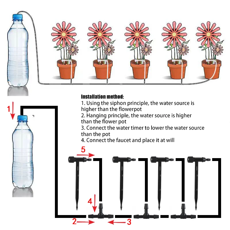 Kit de riego por goteo con válvula ajustable, dispositivo de riego de plantas en maceta, manguera de 4/7mm, ahorro de riego, microdripper para invernadero, color negro