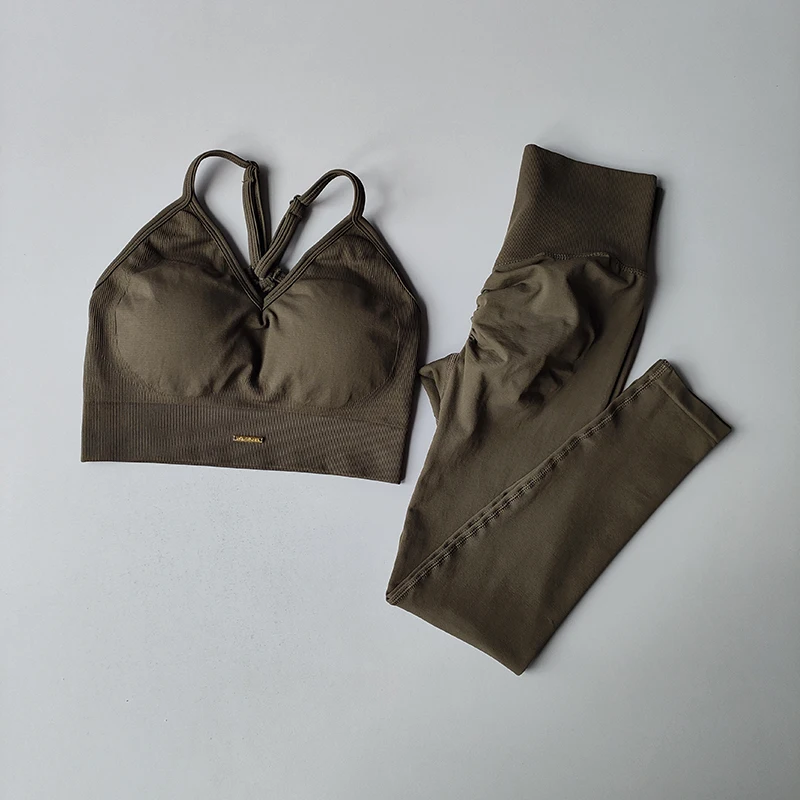 Conjunto de Fitness para levantamiento de cadera sin costuras, sujetador con cuello en V para mujer, mallas, conjunto de Yoga, ejercicio de secado rápido, masaje de hierro, pantalones ajustados de alta grasa
