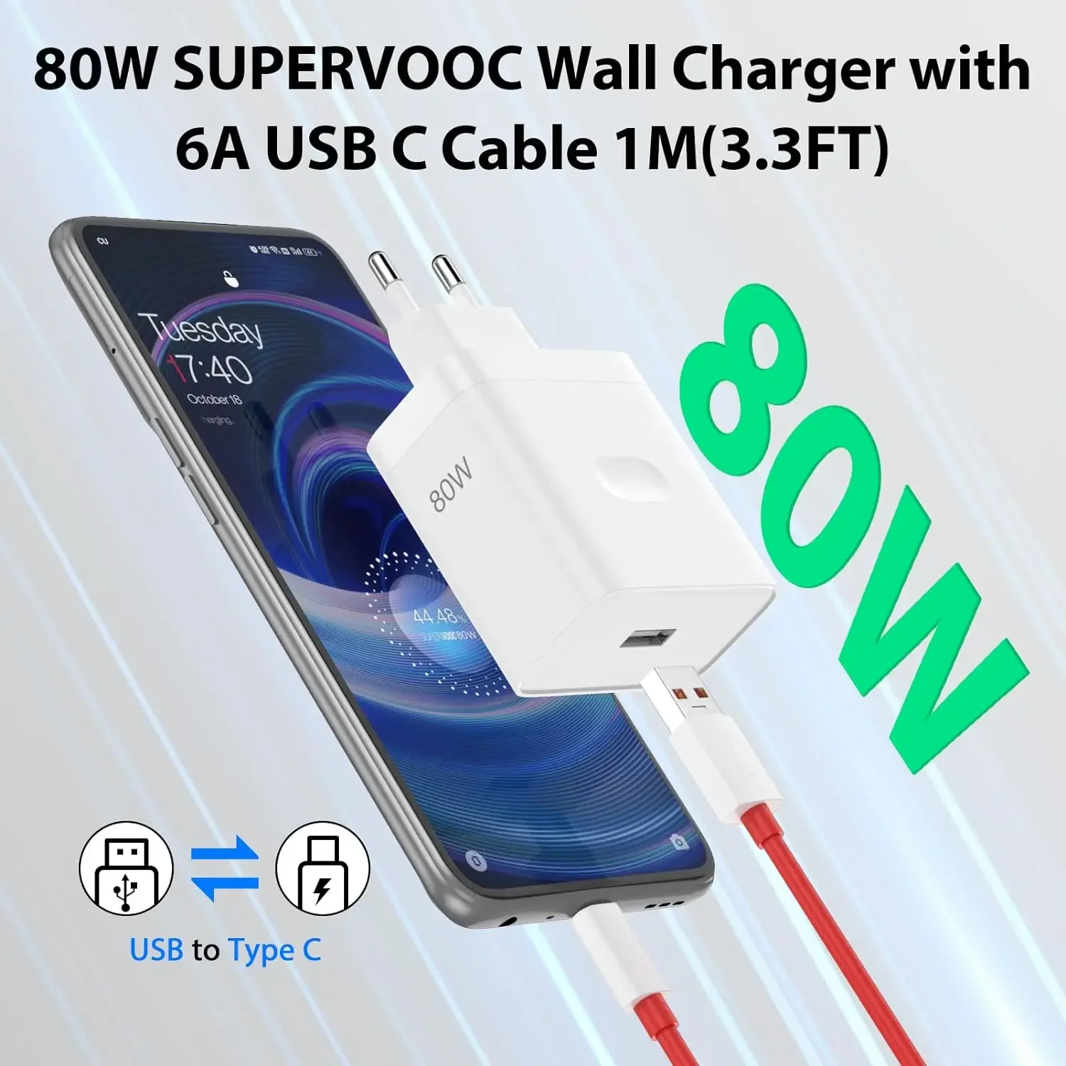 Cargador de pared rápido para OnePlus, Cable USB tipo C, 80W, SuperVOOC, para OnePlus 10, 11, 12, Nord, CE 2, 3 Lite, realme OPPO, 10 GT, NEO 2, 3