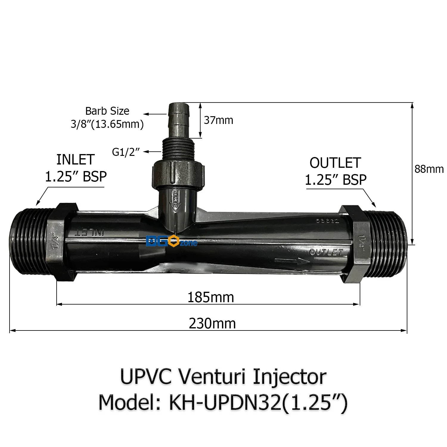 Inyector Venturi DGOzone de UPVC con Válvula para Mezcla de Líquidos, Rosca BSP de 1'', 1.25'' y 1.5'', Jeringa para Fertilizantes