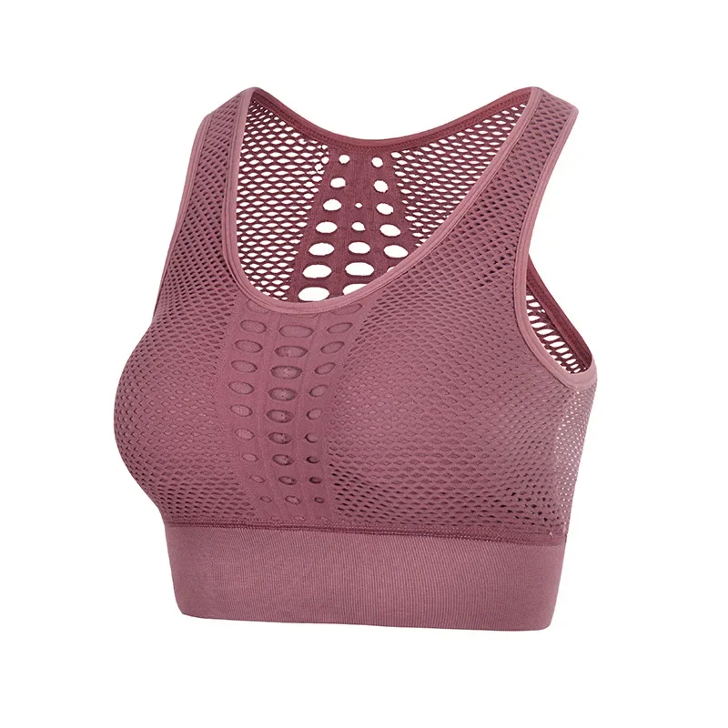 Sujetadores deportivos de malla sin costuras para mujer, ropa interior para Fitness, gimnasio, correr, sujetador a prueba de golpes, Top corto inalámbrico, sujetadores de Yoga transpirables de Color sólido