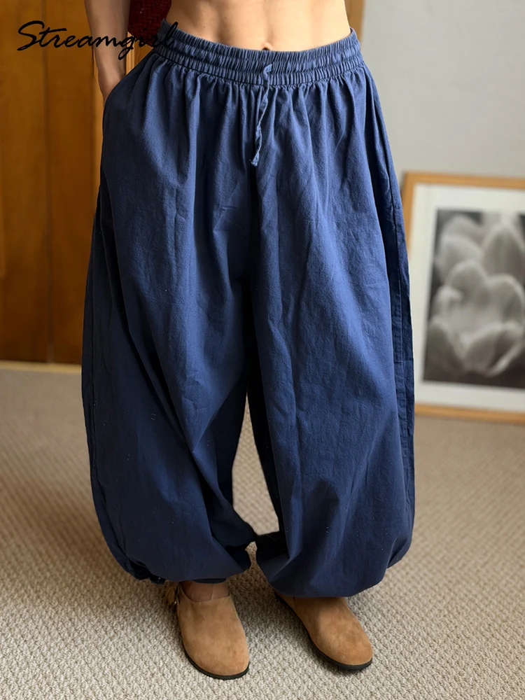 Pantalones Aladdin para Mujer, de Algodón Beige, Verano, Cintura Elástica, Holgados, Clásicos, de Pierna Ancha, Azul Marino, Tipo Linterna, Talla Grande