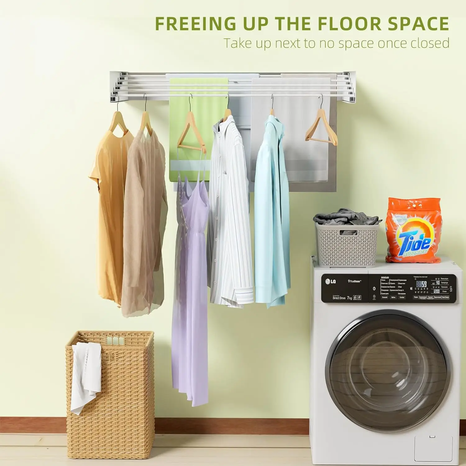 Tendedero plegable para ropa, tendedero para ropa montado en la pared, 5 varillas de aluminio, estantes para lavandería que ahorran espacio para secar ropa