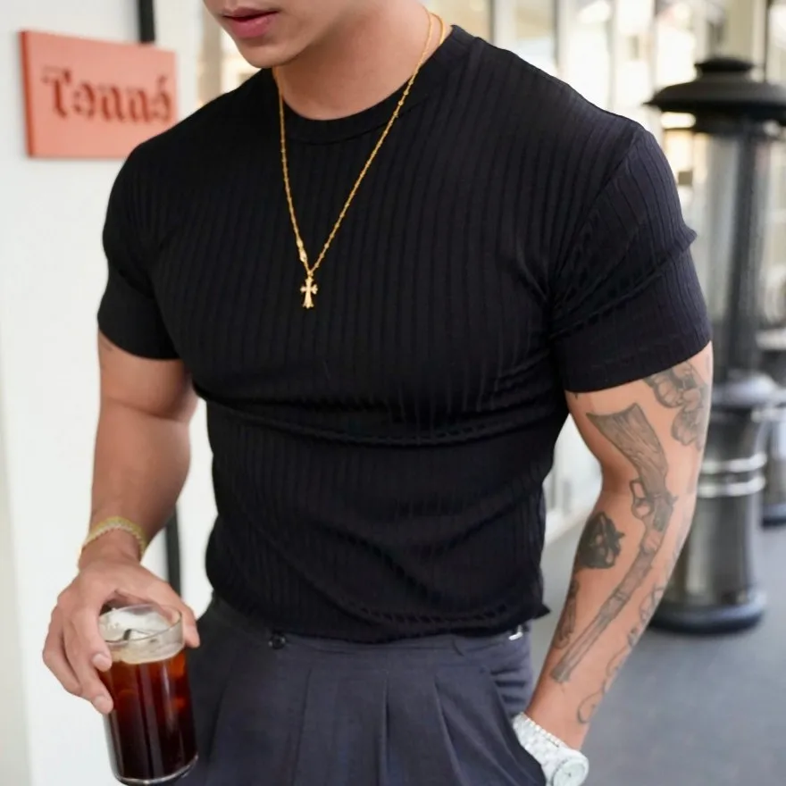 Camiseta ajustada de manga corta para hombre, camiseta atlética informal de manga corta, entrenamiento físico, holgada de secado rápido, ropa deportiva para hombre