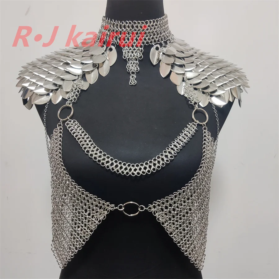Nueva moda Metal sirena escamas de pescado cuello hombro cadenas capas cota de malla dragón escala hombro joyería 3 colores
