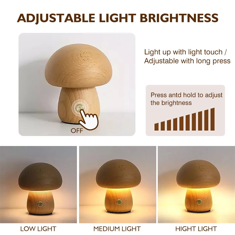 Luz nocturna de setas de madera, Interruptor táctil, lámpara de mesita de noche para dormitorio, madera de haya y nogal, luz de escritorio regulable cálida, recargable por USB