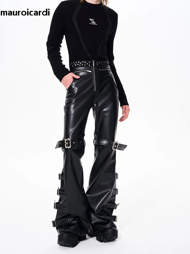 Pantalones Largos de Cuero PU Negro para Hombre, Estilo Flare, de Mauroicardi, para Primavera y Otoño, con Remaches, Diseño de Lujo, Estilo Emo Alternativo