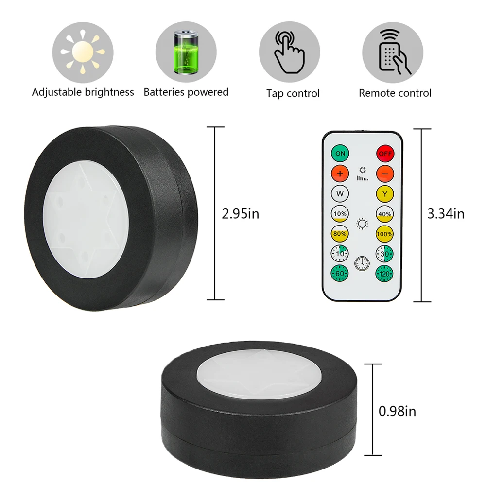1-6 uds negro CCT redondo LED debajo del armario luz muebles regulable lámpara de armario blanco cálido 3000-6500K Control remoto