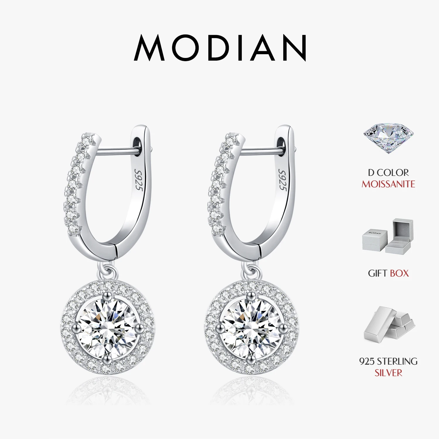 Pendientes colgantes de moissanita de Color MODIAN D, pendientes colgantes de Halo de Plata de Ley 925 para mujer, regalo de joyería fina de compromiso de boda