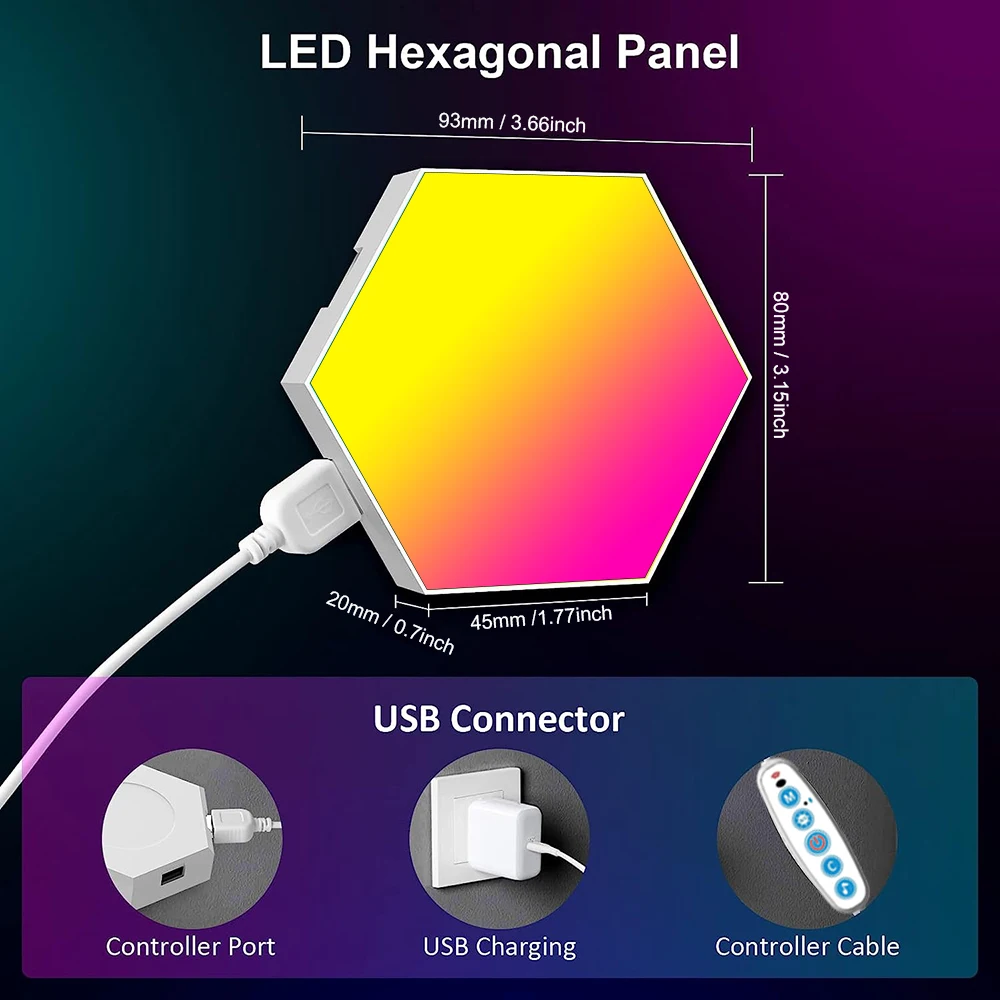 Lámpara de pared hexagonal inteligente RGB con cambio de color, luz ambiental nocturna, forma personalizable, control mediante aplicación y sincronización con el ritmo de la música, ideal para salas de juegos y dormitorios.