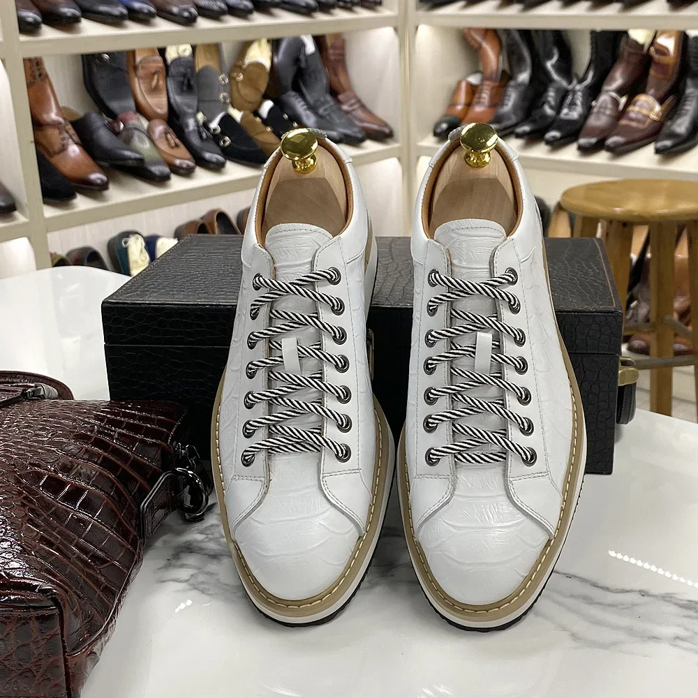 Zapatos informales clásicos para hombre, zapatillas de deporte de moda con cordones de cuero genuino, zapatos planos de viaje callejero con estampado de cocodrilo de marca de lujo para hombre