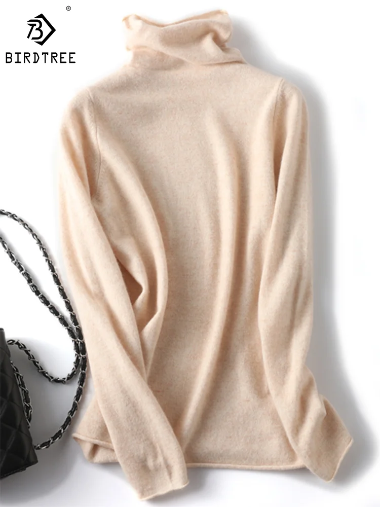 Birdtree Suéteres básicos de punto con borde de cuello alto para mujer, camiseta interior, jersey 100% de lana australiana, Otoño Invierno T39244QM