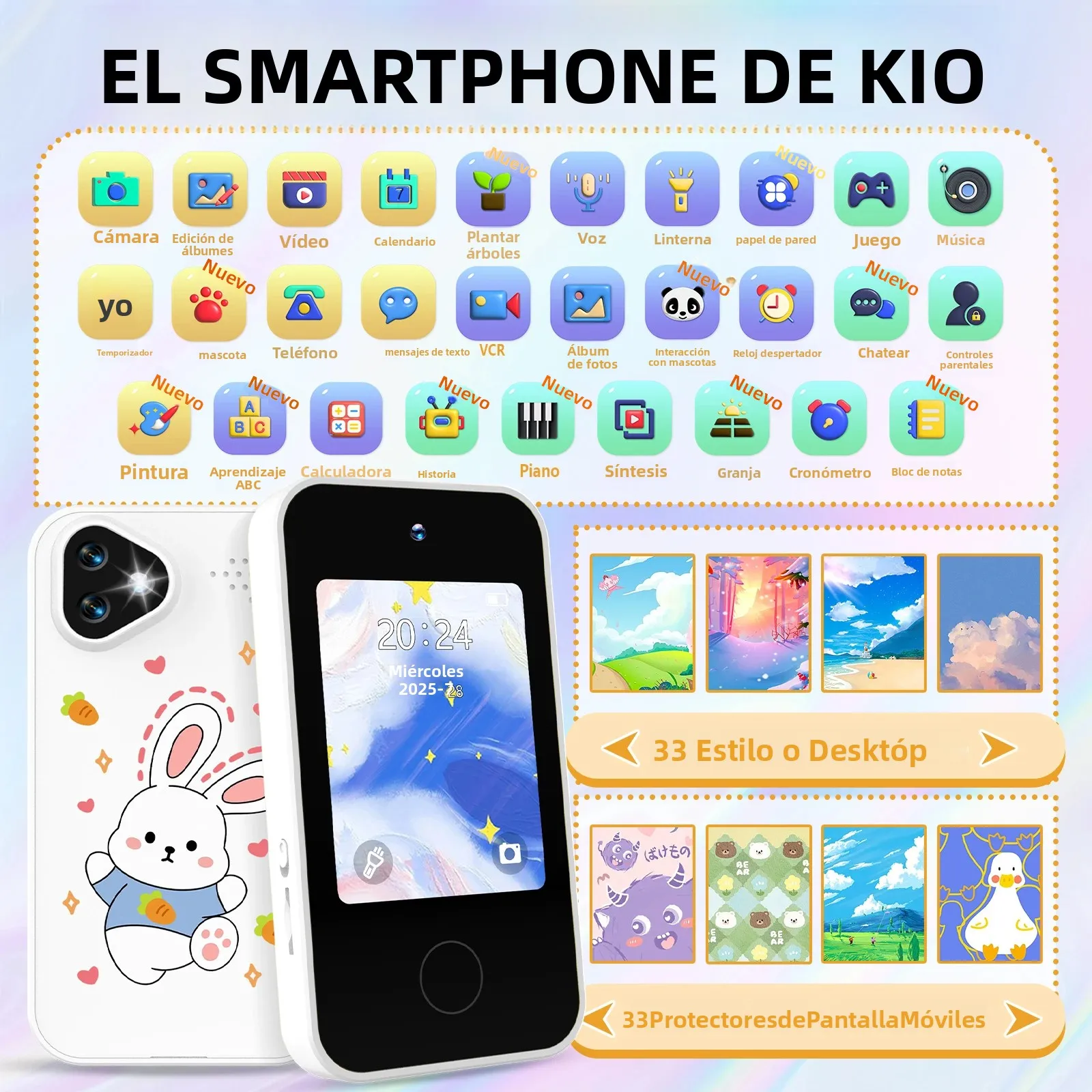 Juguete de Teléfono Inteligente para Niños con Doble Cámara, Juegos Educativos, Reproductor de Música, Modo Seguro, el Mejor Regalo de Cumpleaños, Cámara HD 1080P para Niños