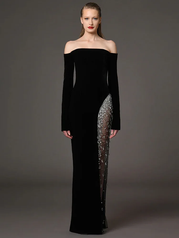 Vestido Largo Maxi de Gasa con Cuentas de Diamantes y Hombros Descubiertos, Diseño de Alta Costura 2026, Nuevo de HIGH STREET