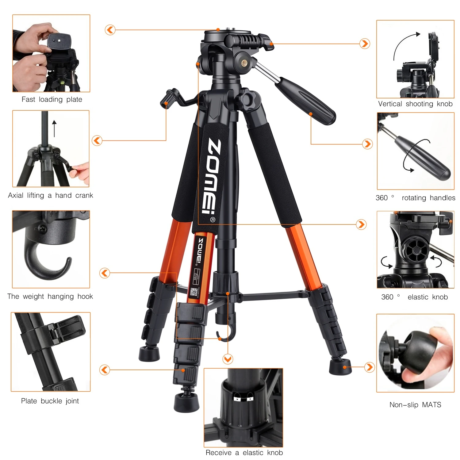 Trípode portátil Zomei de aleación de aluminio de 187cm/73,6 pulgadas de alto para cámara DSLR Canon Nikon, soporte para teléfono de fotografía panorámica de 360 grados