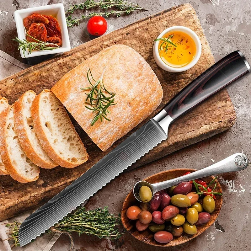 Cuchillo de cocina para pan de 8 pulgadas, cuchillo para cortar pan y queso, cuchillos láser de Damasco con mango de madera, cuchillos de cocina profesionales