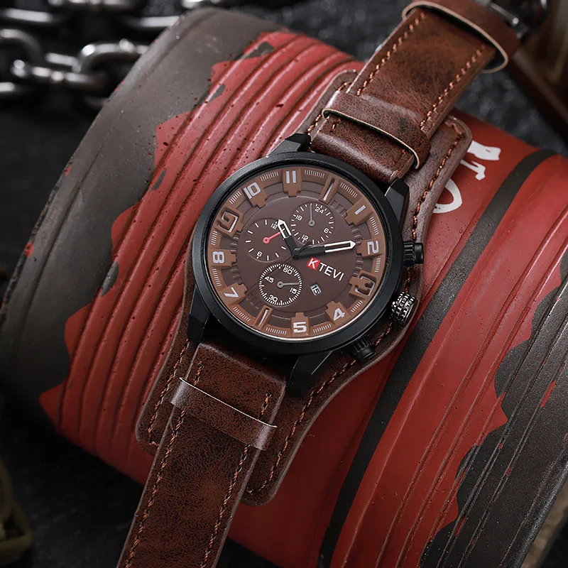 Relojes Retro para hombre, reloj de lujo de alta gama para hombre, correa de cuero PU, reloj de cuarzo para negocios con fecha, reloj de pulsera táctico militar con esfera grande
