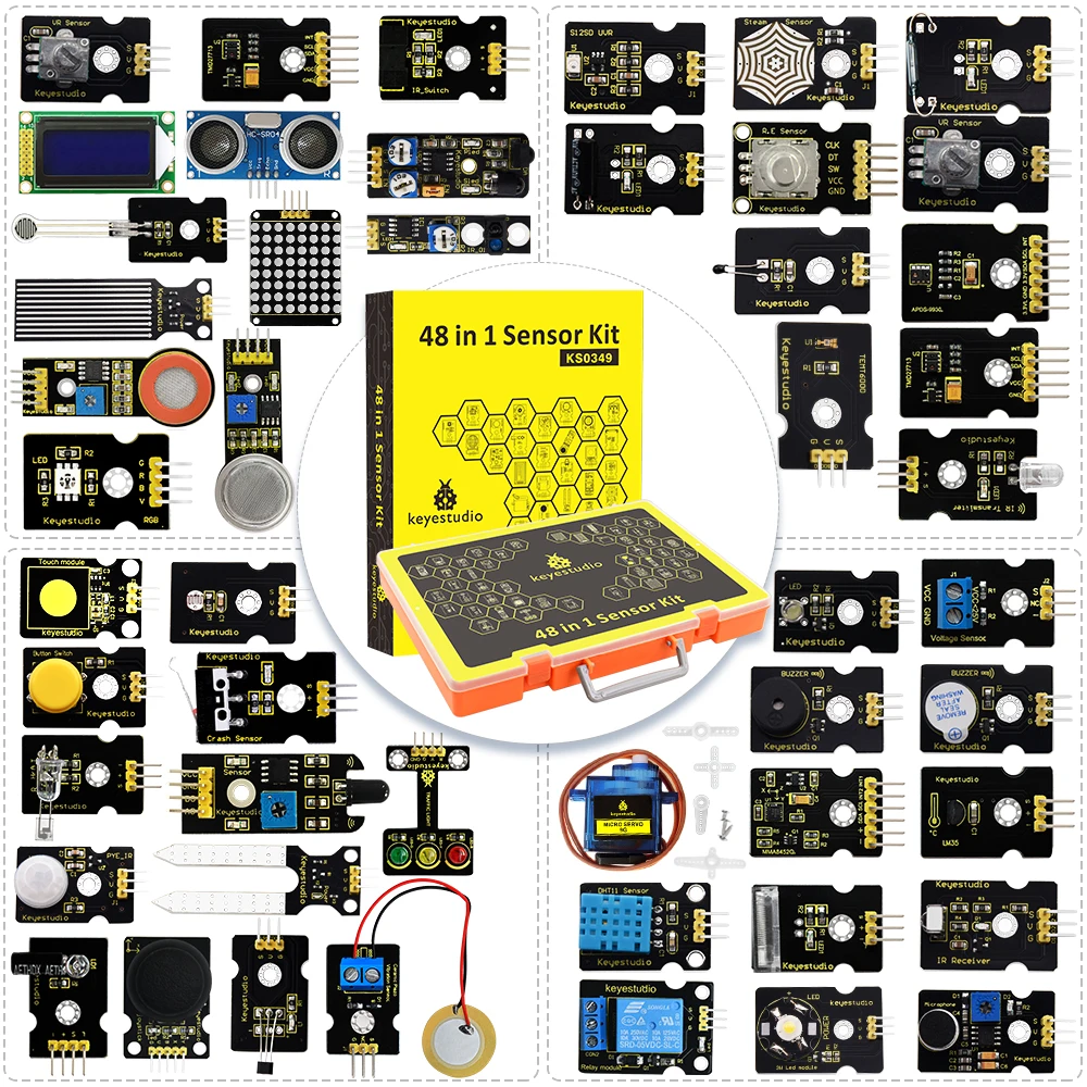 Kit de Iniciación con 48 Sensores Keyestudio para Arduino UNO/2560Mega, Kit Completo de Sensores para Proyectos DIY + 48 Códigos de Proyectos