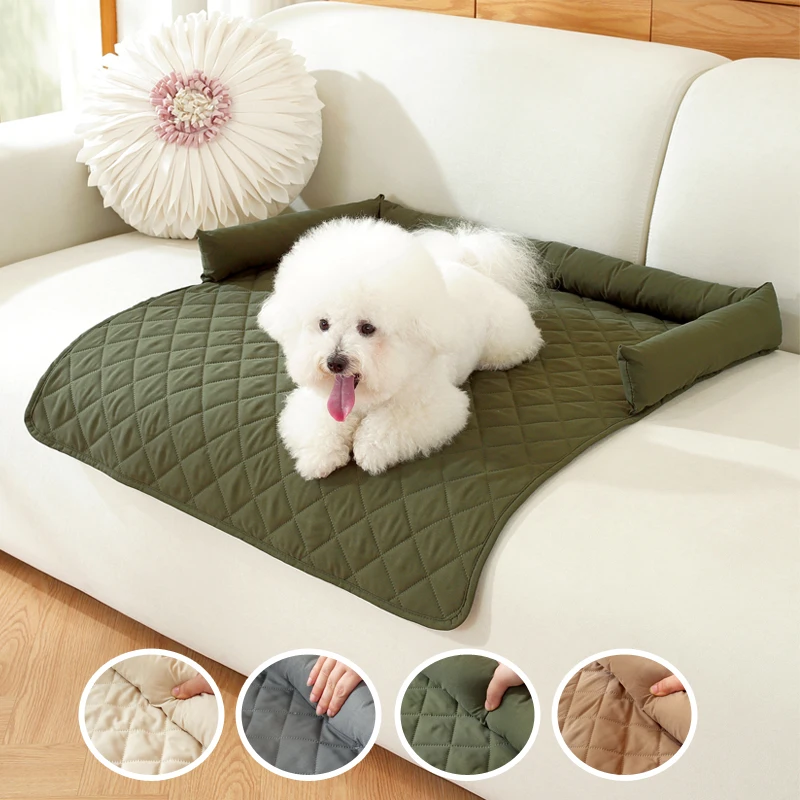 Manta de cama para perros, estera para perros, funda para sofá, almohadilla para mascotas con almohada para el cuello, nido calmante lavable para viajar a casa