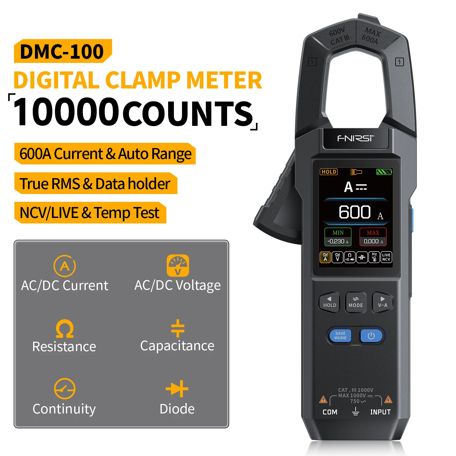 FNIRSI DMC-100 Pinza Amperimétrica Digital de Corriente CC/CA, 10000 Conteo, Multímetro Digital, 600A, Probador de Pinza Amperimétrica, Herramientas para Electricistas NCV