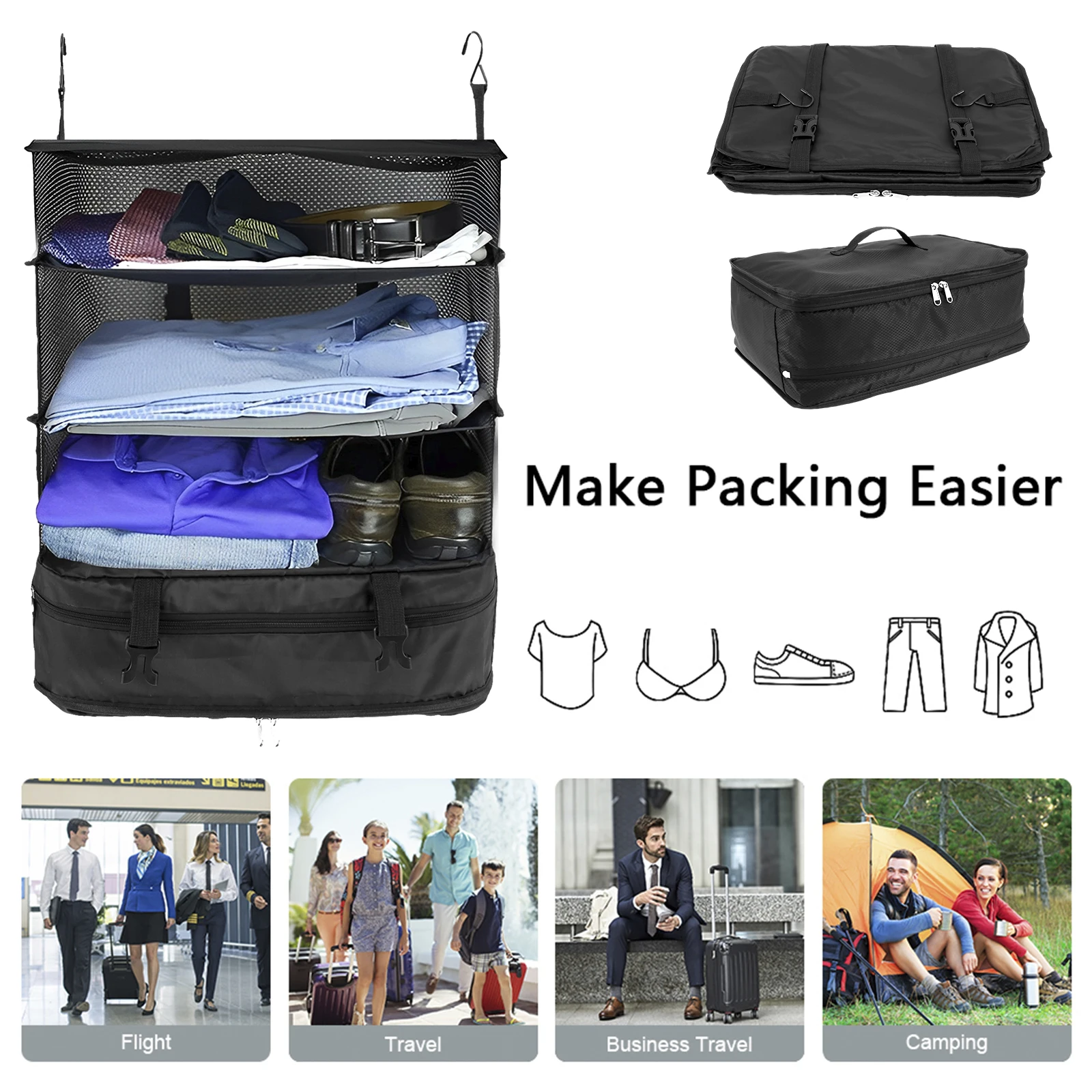 Organizador de equipaje de viaje, estantes de viaje portátiles, bolsa de maleta de 3 estantes, cubo de embalaje, bolsa de almacenamiento de armario colgante plegable, espacio