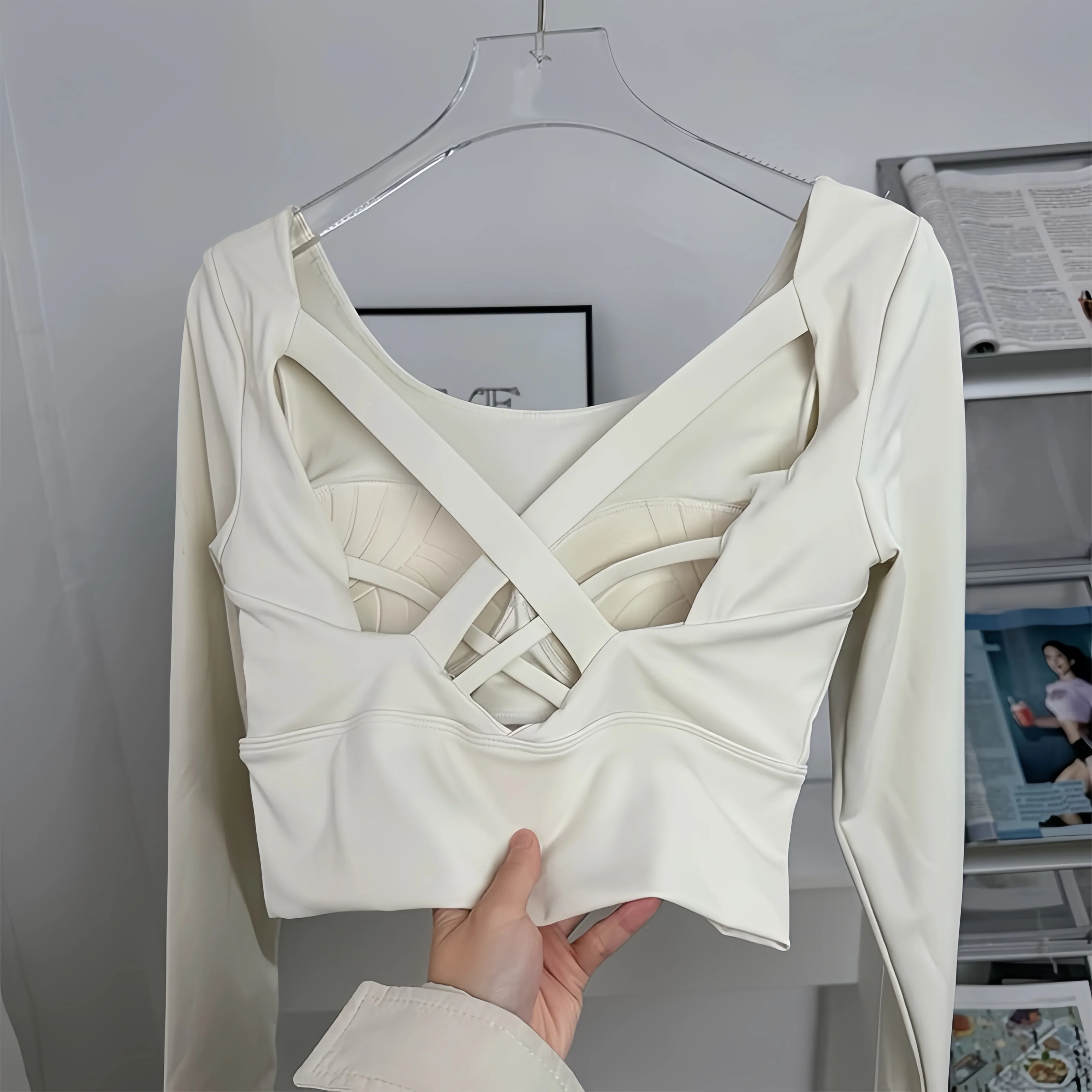Ropa de yoga para mujer, sujetador fijo de manga larga, almohadilla, fitness, Pilates, correr, deportes, ropa de entrenamiento superior