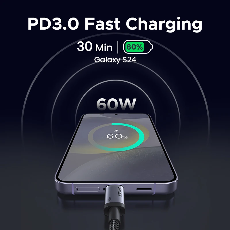 UGREEN PD60W Cable de USB-C a USB-C Cable de sincronización y carga de datos Cable de carga rápida trenzado para iPhone 17 16 Samsung S25 Poco iPad
