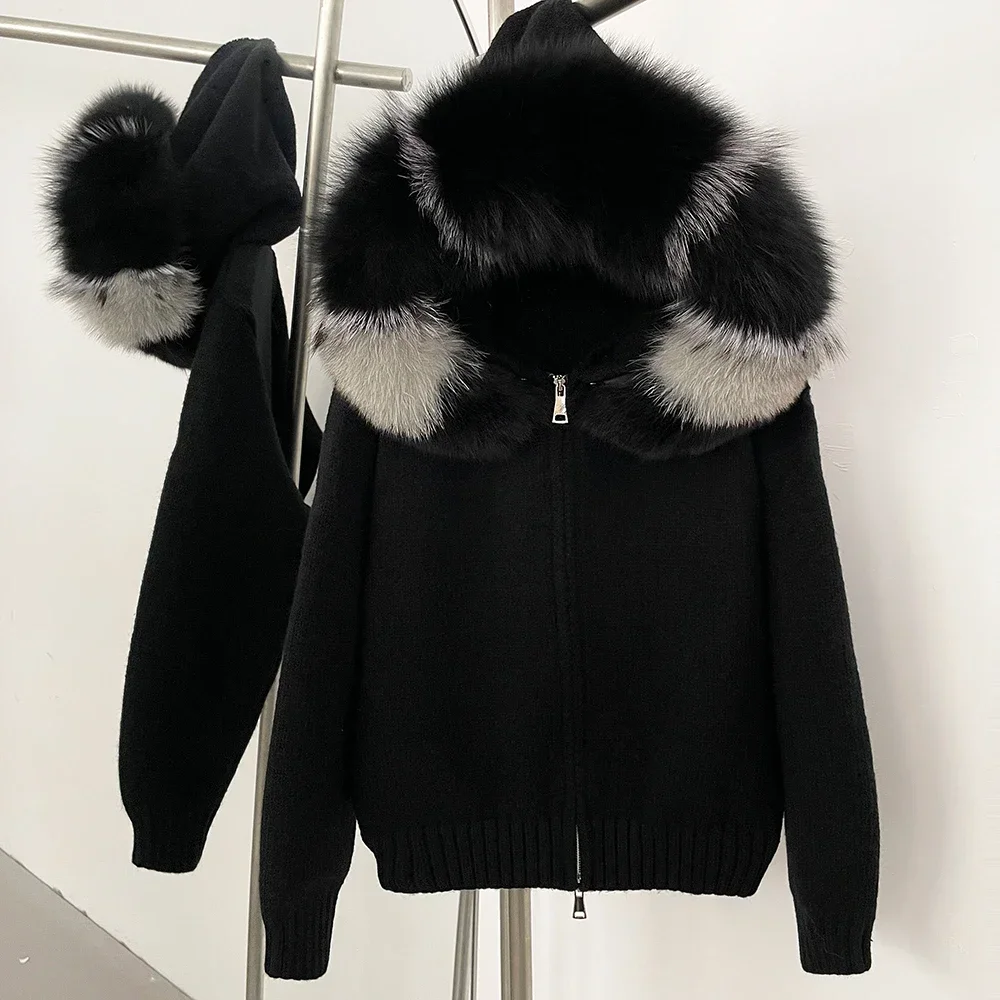 Abrigo cárdigan para mujer, abrigo de piel de zorro Natural, prendas de punto de piel mongol auténtica para mujer, chaqueta de piel tejida con capucha para primavera y otoño