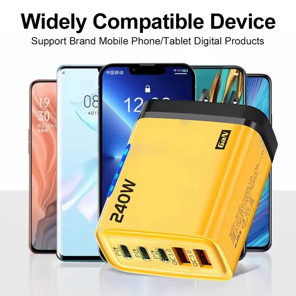 Cargador de escritorio USB-C GaN 5 en 1 de 240W, adaptador de carga rápida para teléfono, cable tipo C de 10A para iPhone, Samsung, Xiaomi, cargador con enchufe EU/US/UK
