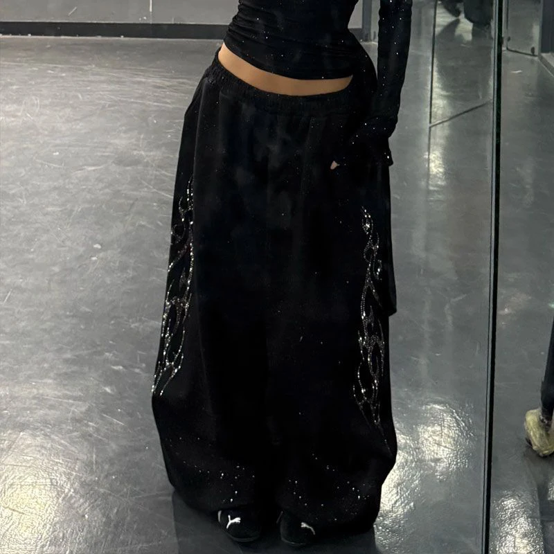 Pantalones de chándal Y2K con diamantes negros para mujer, ropa de calle Harajuku, pantalones holgados para correr, pantalones de pierna ancha a la moda, pantalones informales de gran tamaño de Hip Hop