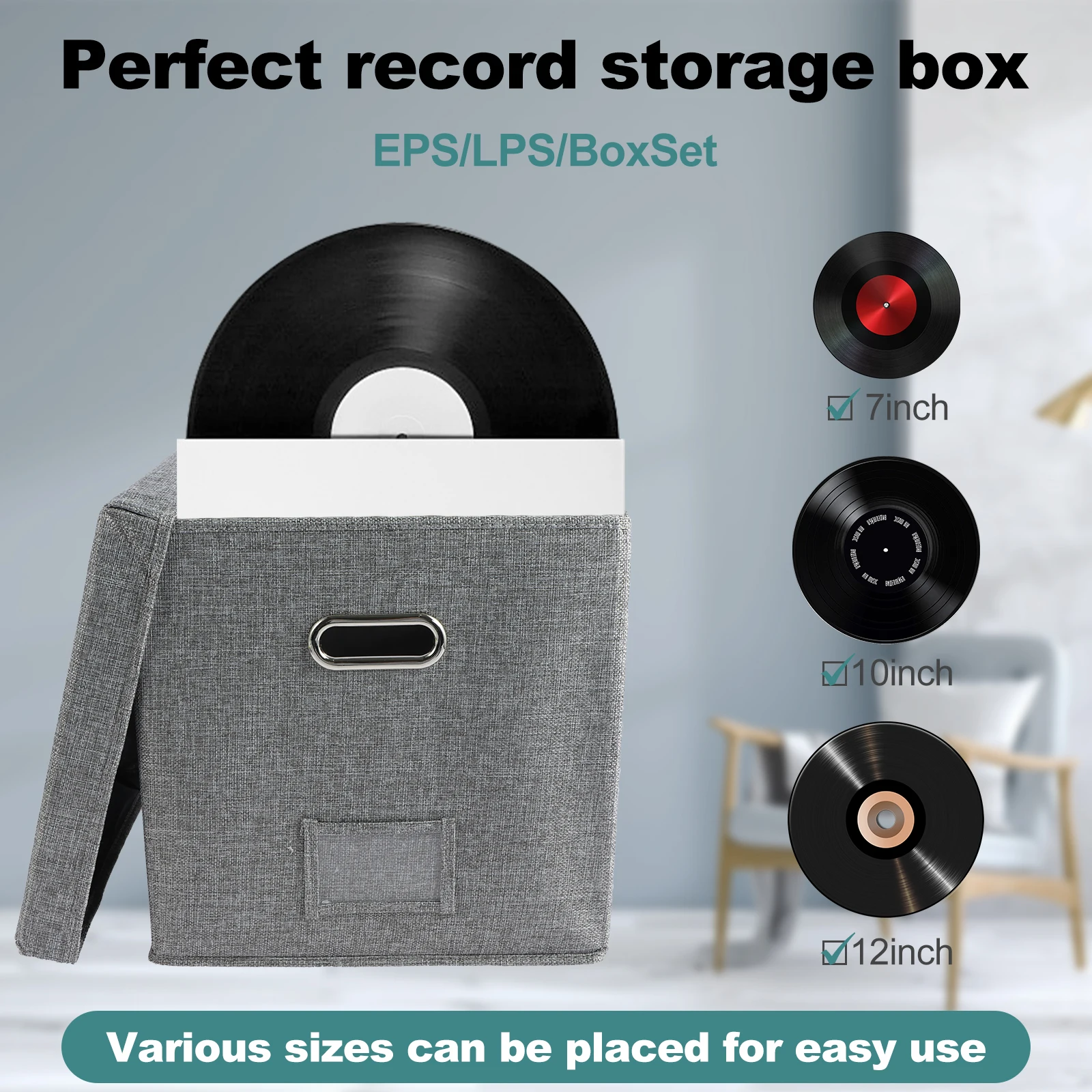Organizador plegable de 13 pulgadas, caja de almacenamiento de discos de vinilo de gran capacidad con tapa, armario de casa de lino y algodón, organizador multifuncional