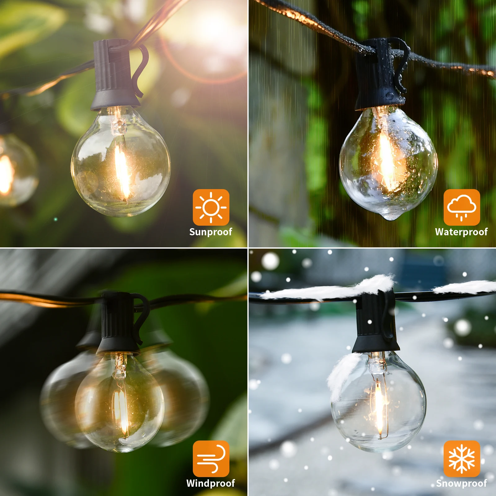 Guirnalda de luces LED para exteriores G40 de 36 m con 64 bombillas de plástico Cadena de luces acoplables para exteriores para jardines, bodas, fiestas, terrazas