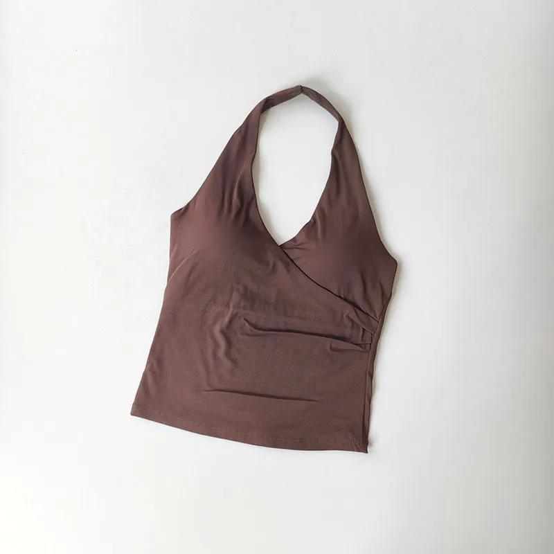 Top deportivo sexy con cuello en V y espalda cruzada, sin mangas, con almohadillas, efecto segunda piel, diseño de espalda atractiva, para yoga y fitness.