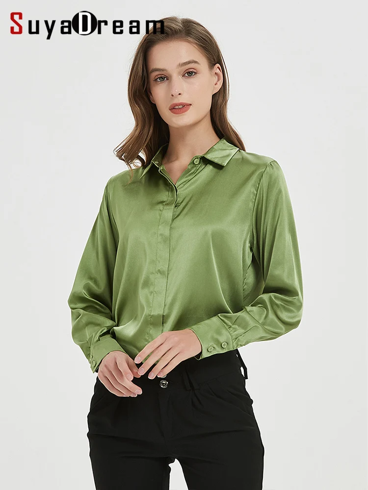 SuyaDream camisas sólidas para mujer 93% seda Real 7% LICRA blusas elegantes de manga larga, Top de oficina para primavera y otoño 2025