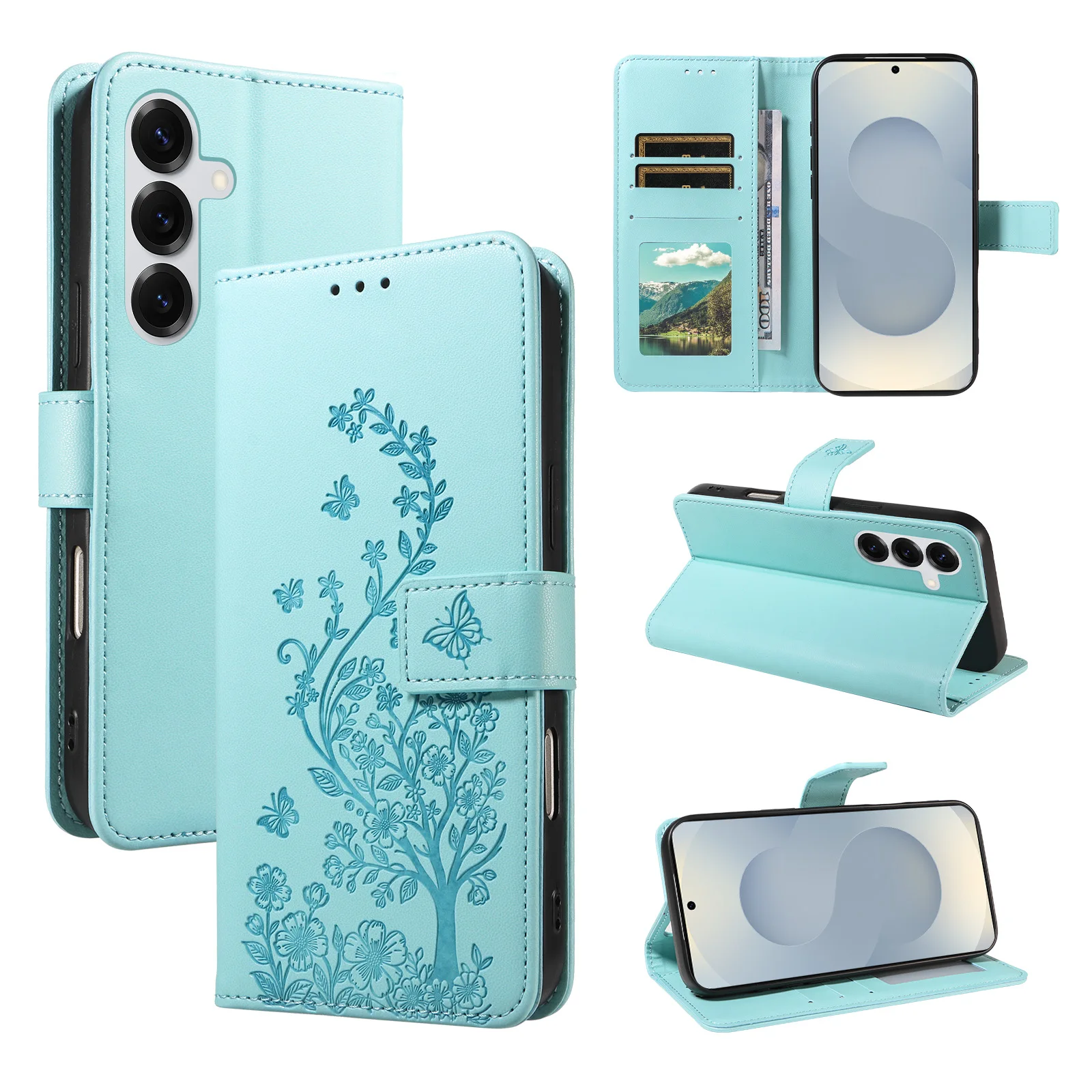 Funda Protectora para Samsung S26 Ultra S25 S24 S23 S22Plus S21Fe, Elegante Funda de Teléfono Tipo Cartera con Relieve de Cuero Sintético